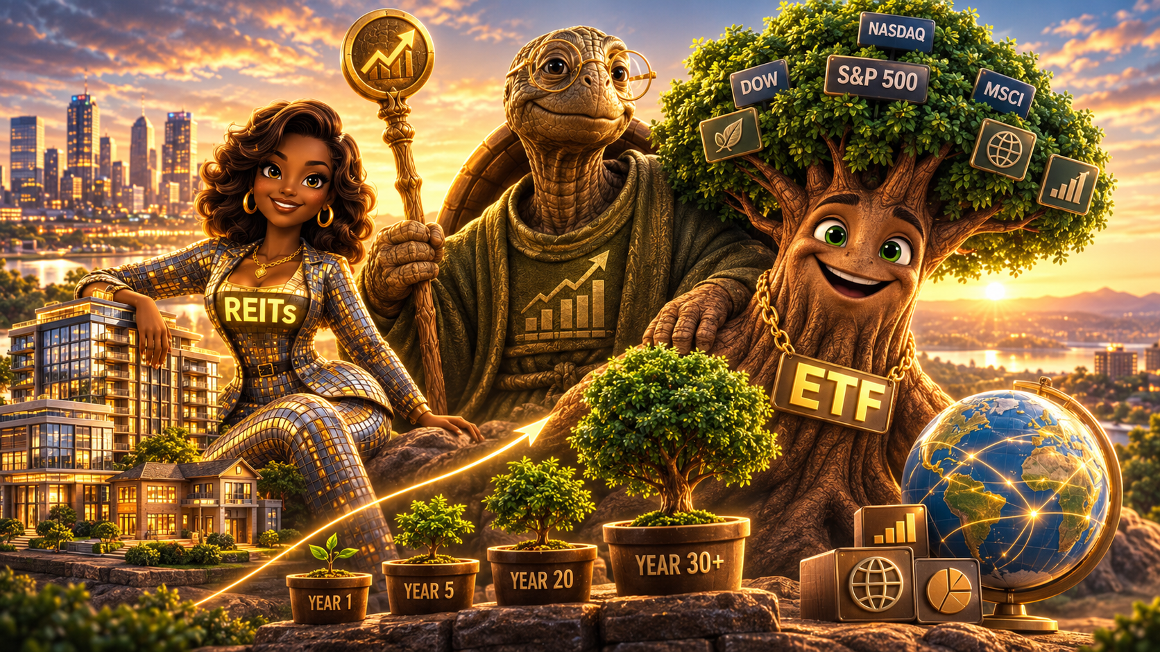 Wealth Avengers characters teaching REITs, ETFs, and long-term investment growth